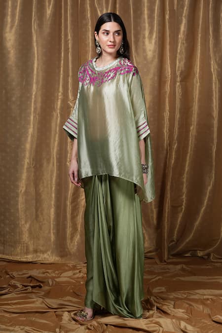 Shop_Krishna Mehta_Green Silk Embroidery Round Neck Floral Neckline Kaftan _Online_at_Aza_Fashions