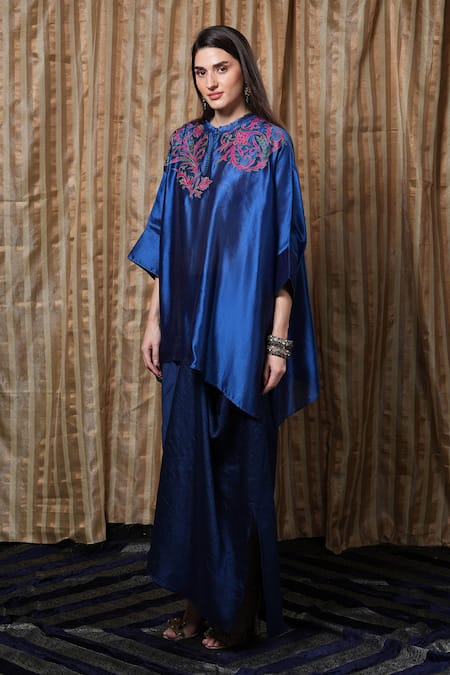 Shop_Krishna Mehta_Blue Silk Embroidery Round Neck Neckline Kaftan _Online_at_Aza_Fashions
