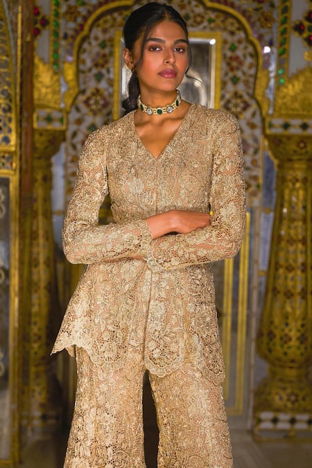 Dash And Dot_Gold Polyester Embroidery V-neck Lace Peplum Tunic And Sharara Set _Online_at_Aza_Fashions