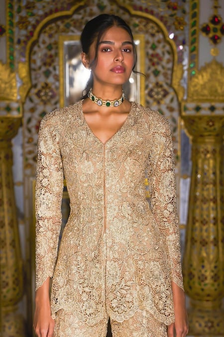 Dash And Dot_Gold Polyester Embroidery V-neck Lace Peplum Tunic _Online_at_Aza_Fashions
