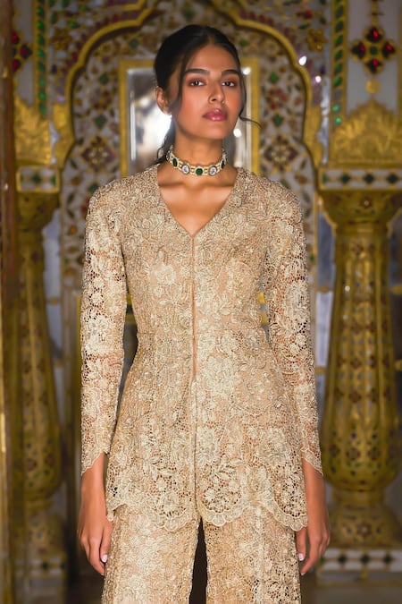 Dash And Dot Gold Polyester Embroidery V-neck Lace Peplum Tunic 