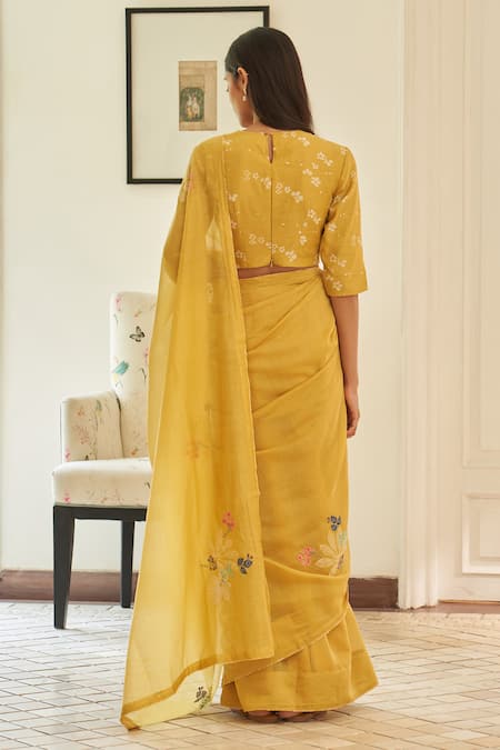 Vaayu Rue Floral Threadwork Saree With Unstitched Blouse Piece 