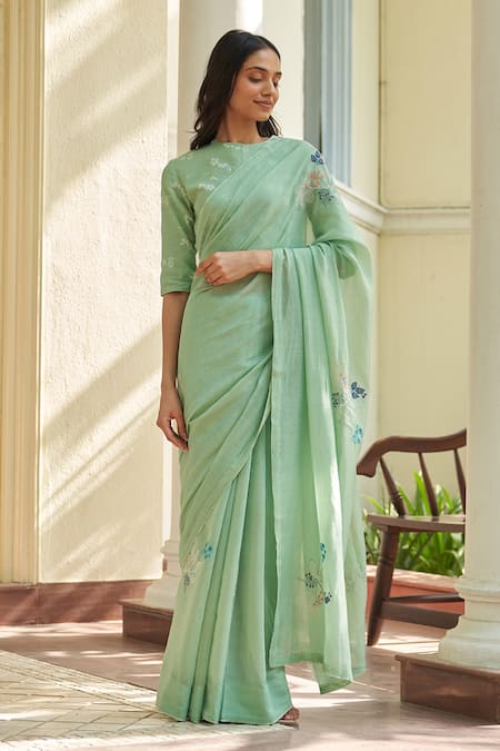 Vaayu Mint Cotton Embroidery Threadwork Saree With Unstitched Blouse Piece