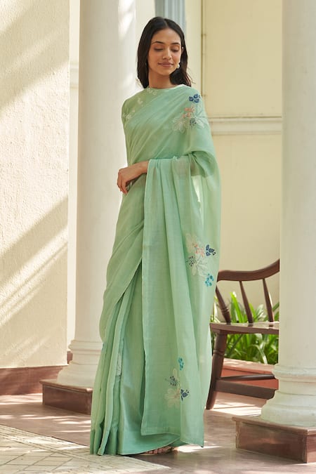 Vaayu_Mint Cotton Embroidery Threadwork Saree With Unstitched Blouse Piece_Online_at_Aza_Fashions