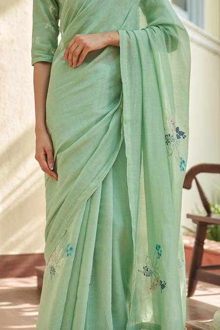 Buy_Vaayu_Mint Cotton Embroidery Threadwork Saree With Unstitched Blouse Piece_Online_at_Aza_Fashions