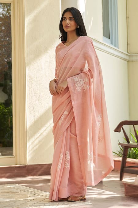 Shop_Vaayu_Pink Muslin, Cotton Applique Tulip Saree With Unstitched Blouse Piece _Online_at_Aza_Fashions