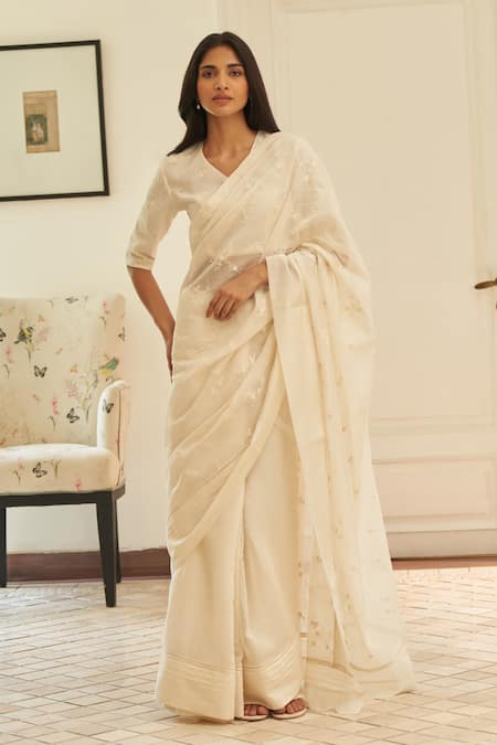 Vaayu Beige Embroidery Swan Saree With Unstitched Blouse Piece
