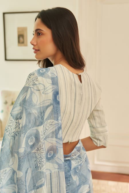Shop_Vaayu_Blue Muslin, Cotton Floral Pattern Saree With Unstitched Blouse Piece_Online_at_Aza_Fashions