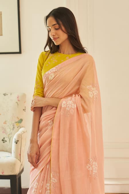 Vaayu_Pink Cotton Embroidery Tulip Floral Saree With Unstitched Blouse Piece _Online_at_Aza_Fashions