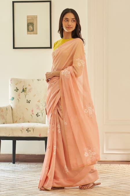 Buy_Vaayu_Pink Cotton Embroidery Tulip Floral Saree With Unstitched Blouse Piece _Online_at_Aza_Fashions