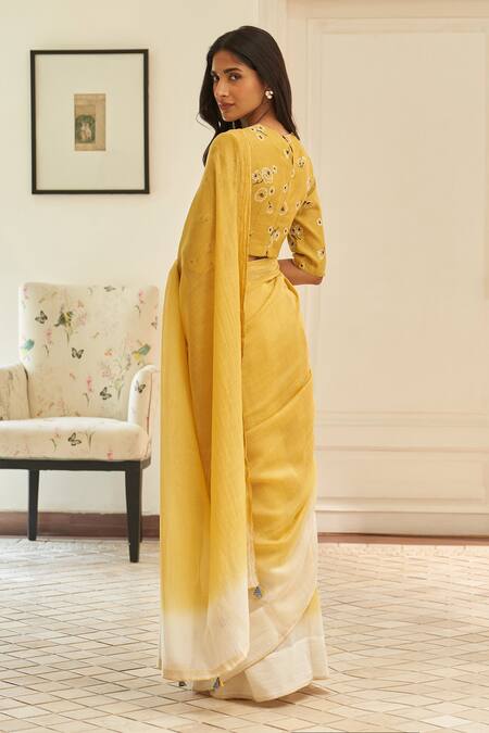 Shop Vaayu Yellow Muslin Embroidery Rue Ombre Saree With Unstitched Blouse Piece at Aza Fashions Shop_Vaayu_Yellow Muslin Embroidery Rue Ombre Saree With Unstitched Blouse Piece_at_Aza_Fashions