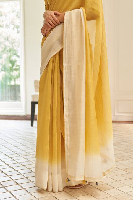 Vaayu Yellow Muslin Embroidery Rue Ombre Saree With Unstitched Blouse Piece Online at Aza Fashions Vaayu_Yellow Muslin Embroidery Rue Ombre Saree With Unstitched Blouse Piece_Online_at_Aza_Fashions