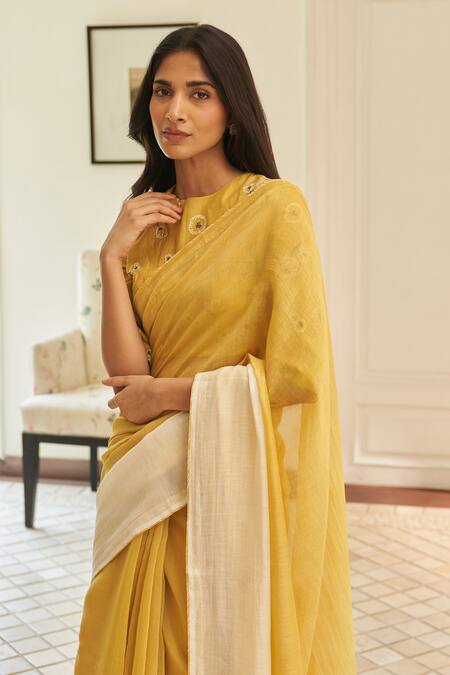 Buy Vaayu Yellow Muslin Embroidery Rue Ombre Saree With Unstitched Blouse Piece Online at Aza Fashions Buy_Vaayu_Yellow Muslin Embroidery Rue Ombre Saree With Unstitched Blouse Piece_Online_at_Aza_Fashions
