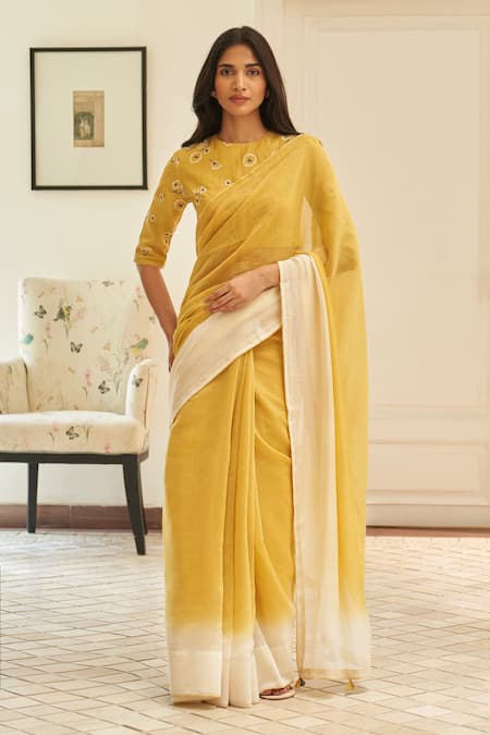 Vaayu Yellow Muslin Embroidery Rue Ombre Saree With Unstitched Blouse Piece 
