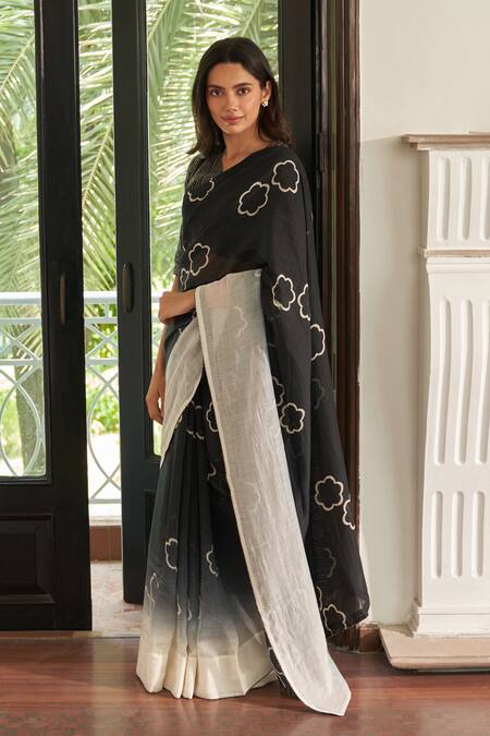 Shop_Vaayu_Black Cotton Noir Floral Pattern Saree With Unstitched Blouse Piece_Online_at_Aza_Fashions