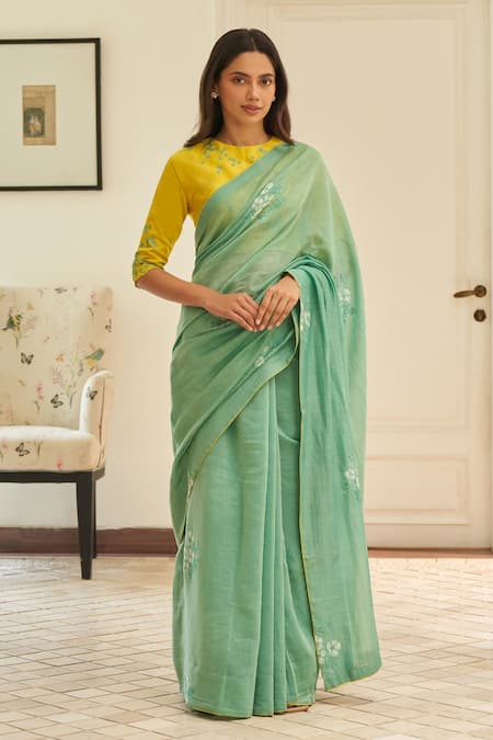Vaayu Mint Muslin, Cotton Embroidery Floral Pattern Saree With Unstitched Blouse Piece 
