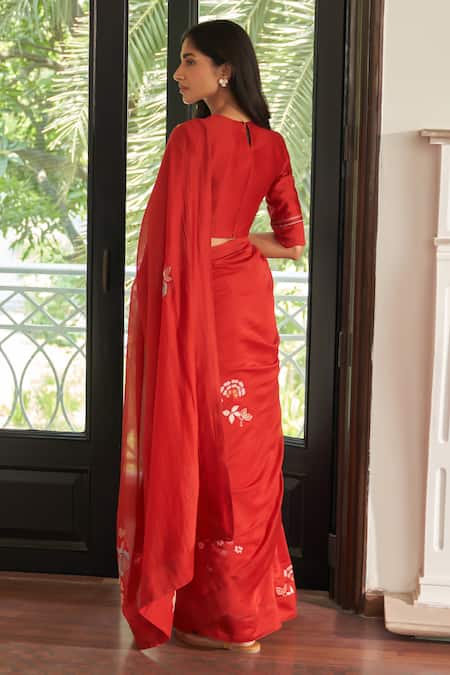 Vaayu Poppy Embroidered Saree With Unstitched Blouse Piece 