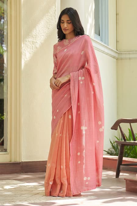 Buy_Vaayu_Pink Cotton Peony Print Saree With Unstitched Blouse Piece_Online_at_Aza_Fashions