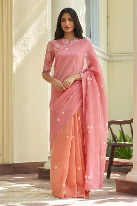 Vaayu Pink Cotton Peony Print Saree With Unstitched Blouse Piece