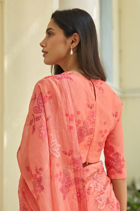 Buy_Vaayu_Pink Cotton Applique, Hibiscus Floral Saree With Unstitched Blouse Piece _Online_at_Aza_Fashions