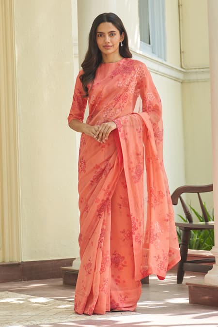 Vaayu Pink Cotton Applique, Hibiscus Floral Saree With Unstitched Blouse Piece