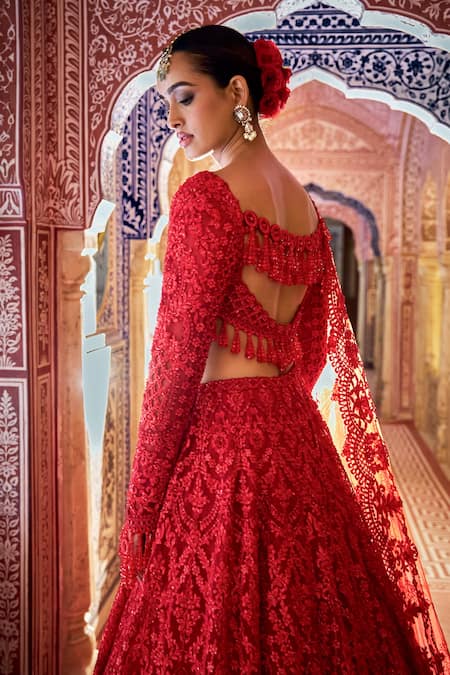 Seema Gujral_Red Net Beads, Embroidery, Tassels Square Neck Tonal Bridal Lehenga Set _Online_at_Aza_Fashions