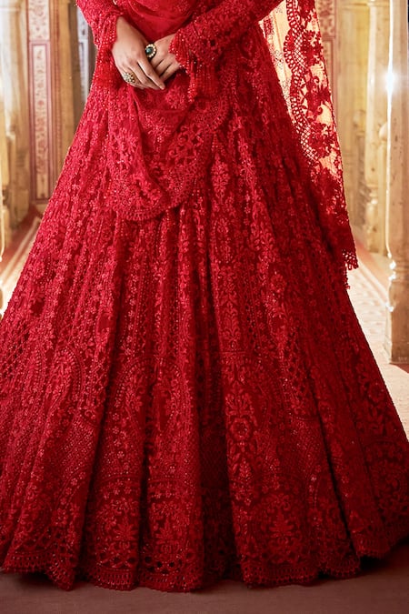 Buy_Seema Gujral_Red Net Beads, Embroidery, Tassels Square Neck Tonal Bridal Lehenga Set _Online_at_Aza_Fashions