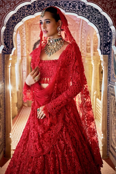 Shop_Seema Gujral_Red Net Beads, Embroidery, Tassels Square Neck Tonal Bridal Lehenga Set _Online_at_Aza_Fashions