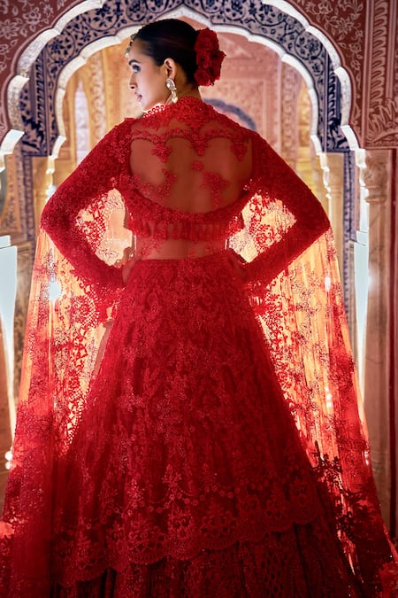 Shop_Seema Gujral_Red Net Beads, Embroidery, Tassels Square Neck Tonal Bridal Lehenga Set _at_Aza_Fashions