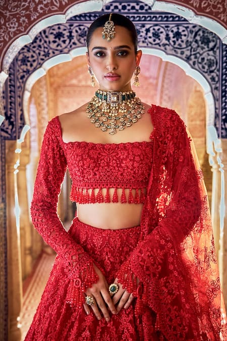 Seema Gujral_Red Net Beads, Embroidery, Tassels Square Neck Tonal Bridal Lehenga Set _at_Aza_Fashions