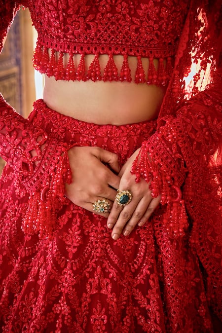 Buy_Seema Gujral_Red Net Beads, Embroidery, Tassels Square Neck Tonal Bridal Lehenga Set 