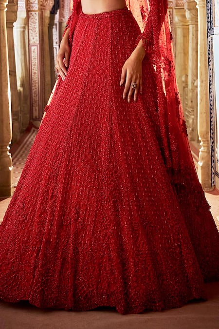 Seema Gujral_Red Net Beads, Sequins Leaf Neck Tonal Embroidered Bridal Lehenga Set _Online_at_Aza_Fashions