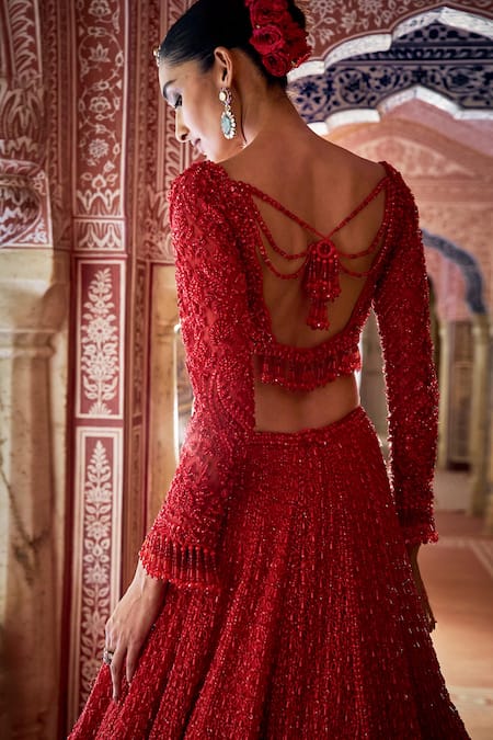 Shop_Seema Gujral_Red Net Beads, Sequins Leaf Neck Tonal Embroidered Bridal Lehenga Set _at_Aza_Fashions