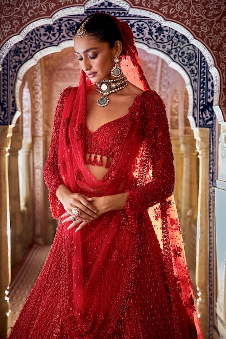 Buy_Seema Gujral_Red Net Beads, Sequins Leaf Neck Tonal Embroidered Bridal Lehenga Set _Online_at_Aza_Fashions