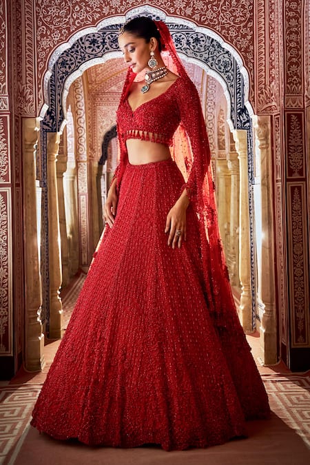 Seema Gujral Red Net Beads, Sequins Leaf Neck Tonal Embroidered Bridal Lehenga Set 