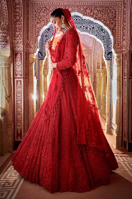 Shop_Seema Gujral_Red Net Beads, Sequins Leaf Neck Tonal Embroidered Bridal Lehenga Set _Online_at_Aza_Fashions