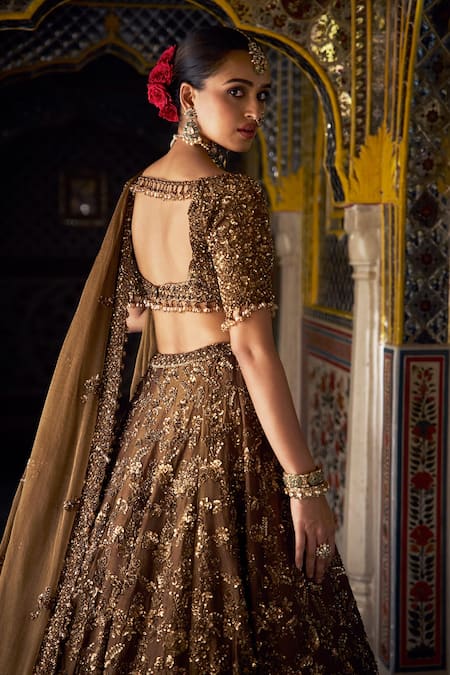 Seema Gujral_Gold Tissue, Silk, Organza Sequins, Beads Floral Jaal Pattern Lehenga Set _Online_at_Aza_Fashions