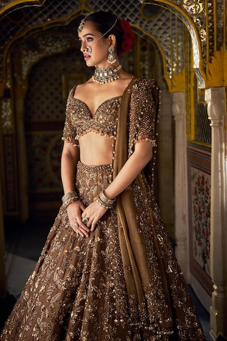 Shop_Seema Gujral_Gold Tissue, Silk, Organza Sequins, Beads Floral Jaal Pattern Lehenga Set _at_Aza_Fashions