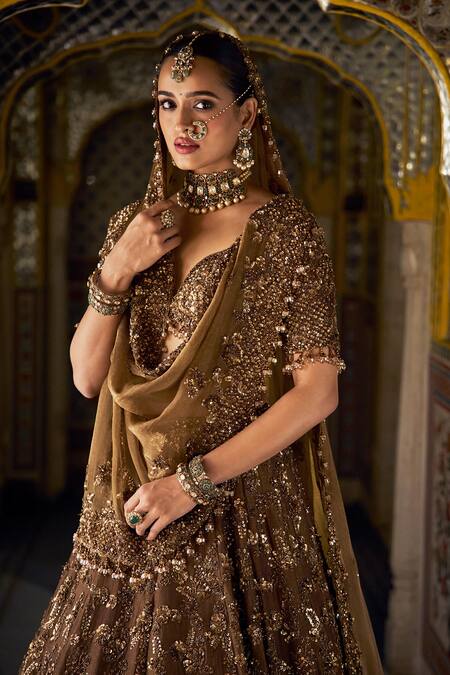 Buy_Seema Gujral_Gold Tissue, Silk, Organza Sequins, Beads Floral Jaal Pattern Lehenga Set _Online_at_Aza_Fashions