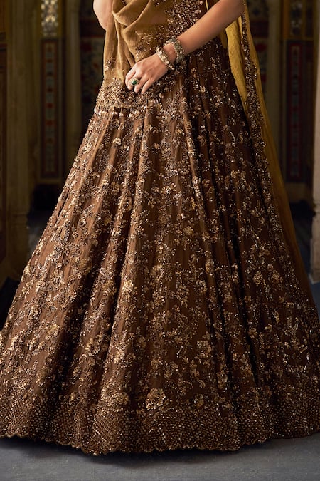 Shop_Seema Gujral_Gold Tissue, Silk, Organza Sequins, Beads Floral Jaal Pattern Lehenga Set _Online_at_Aza_Fashions