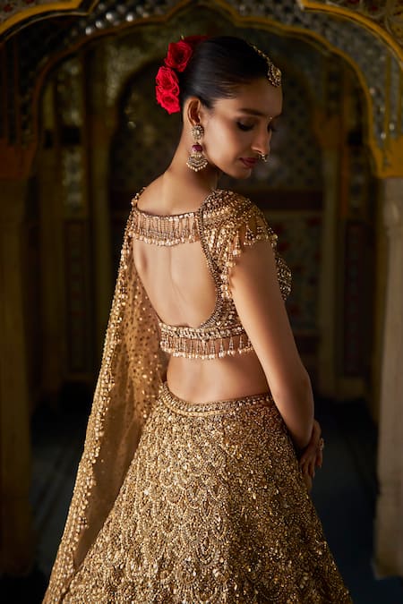 Shop_Seema Gujral_Gold Organza, Tissue, Silk Sequins Round Neck Tonal Embroidered Lehenga Set _at_Aza_Fashions