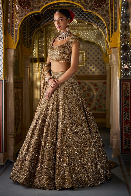 Seema Gujral_Gold Organza, Tissue, Silk Sequins Round Neck Tonal Embroidered Lehenga Set _Online_at_Aza_Fashions