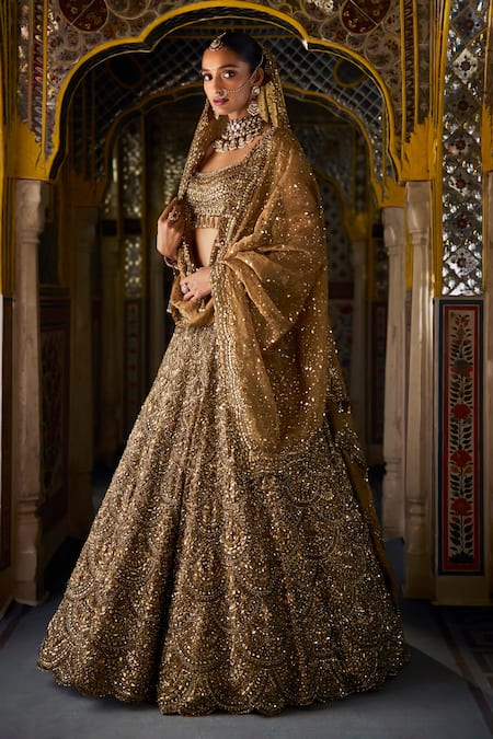 Seema Gujral Gold Organza, Tissue, Silk Sequins Round Neck Tonal Embroidered Lehenga Set