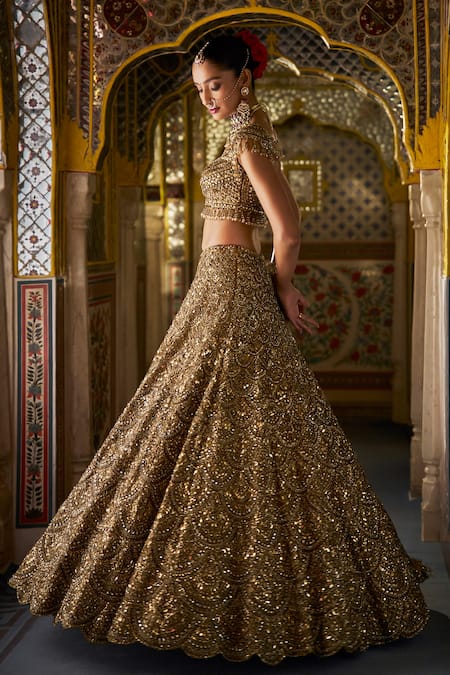 Shop_Seema Gujral_Gold Organza, Tissue, Silk Sequins Round Neck Tonal Embroidered Lehenga Set _Online_at_Aza_Fashions