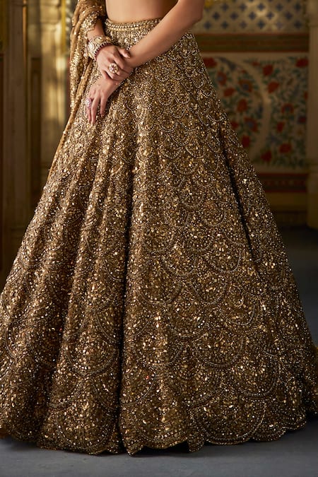 Seema Gujral_Gold Organza, Tissue, Silk Sequins Round Neck Tonal Embroidered Lehenga Set _at_Aza_Fashions