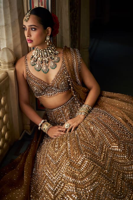 Shop_Seema Gujral_Gold Tissue, Silk, Organza Crystals, Beads V-neck Embroidered Lehenga Set _at_Aza_Fashions