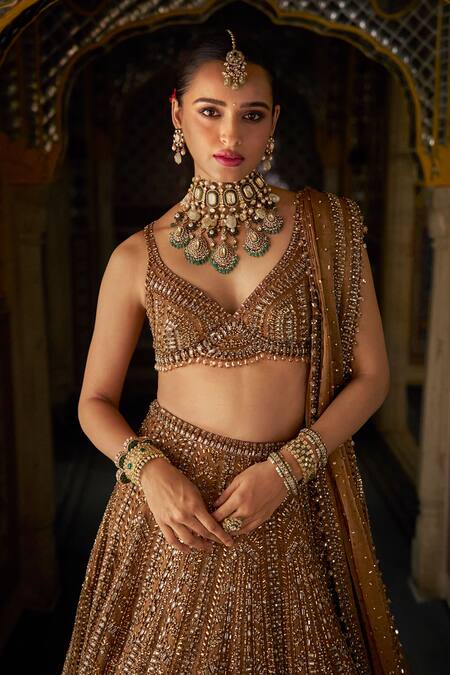Seema Gujral_Gold Tissue, Silk, Organza Crystals, Beads V-neck Embroidered Lehenga Set _Online_at_Aza_Fashions