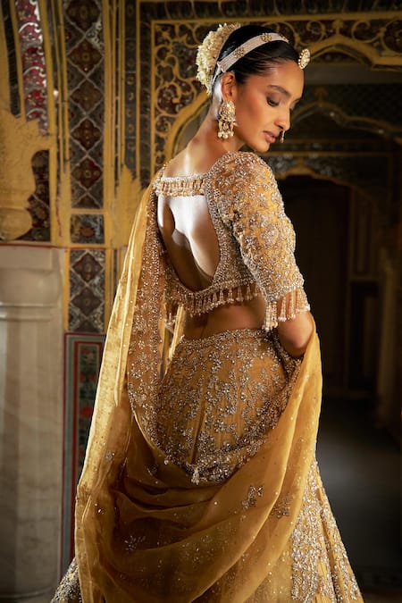 Shop_Seema Gujral_Gold Tissue, Silk, Organza Crystals, Beads, Embroidery V-neck Lehenga Set _at_Aza_Fashions