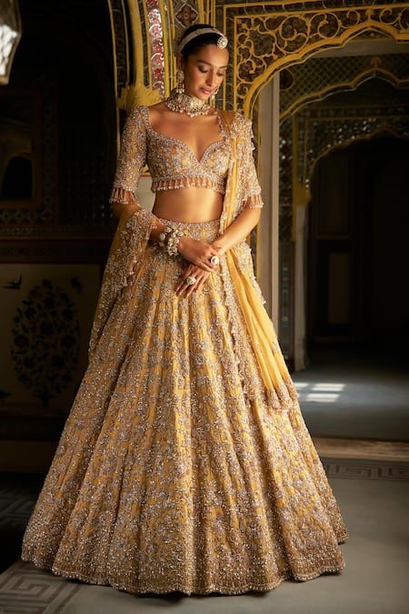 Seema Gujral Gold Tissue, Silk, Organza Crystals, Beads, Embroidery V-neck Lehenga Set