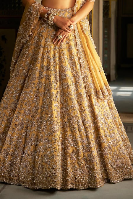 Buy_Seema Gujral_Gold Tissue, Silk, Organza Crystals, Beads, Embroidery V-neck Lehenga Set _Online_at_Aza_Fashions